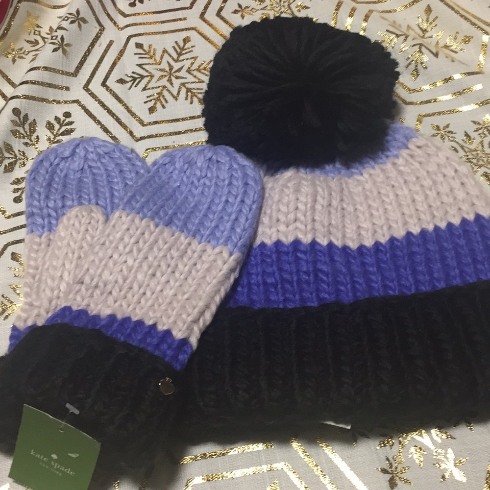 NWT Kate Spade wool blend colorblock hat&mittens