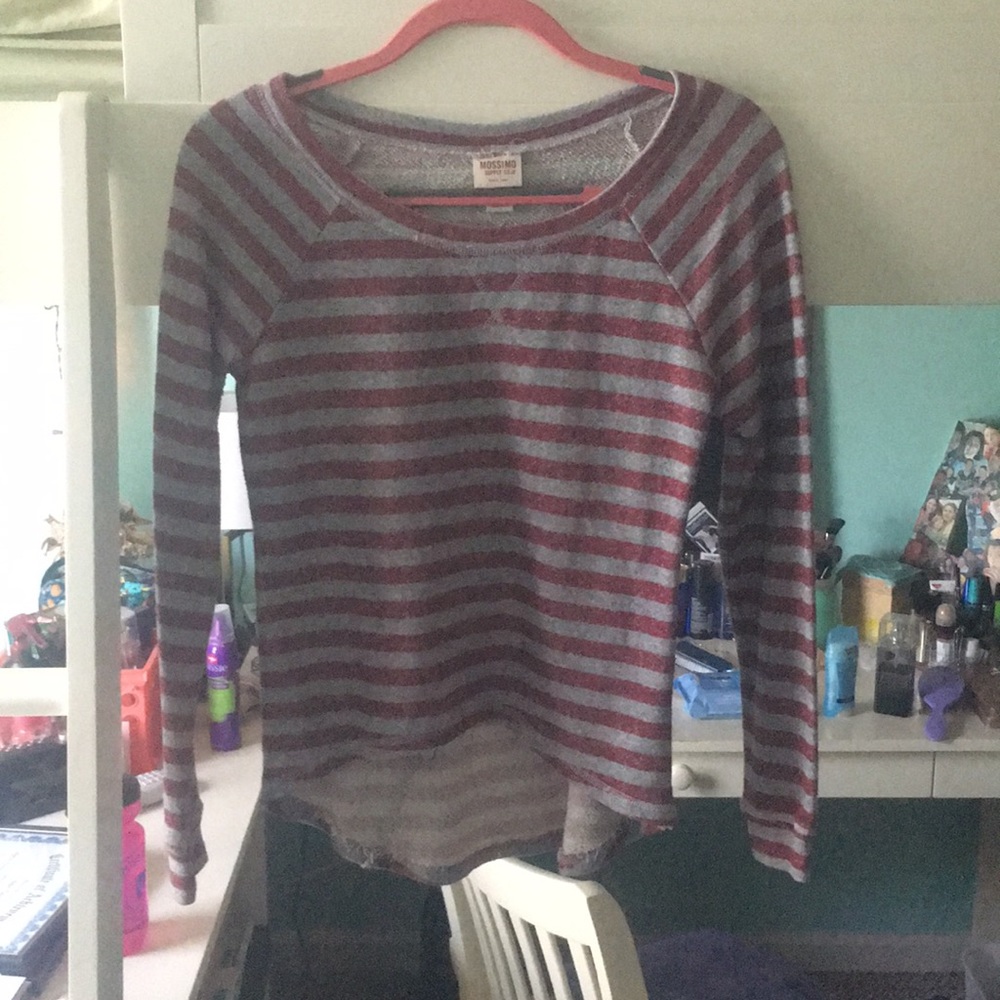 grey and maroon striped long sleeve shirt