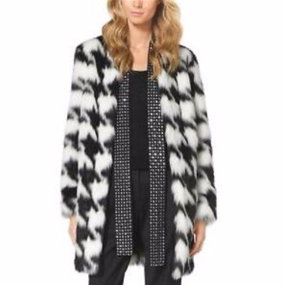 MICHAEL KORS Womens' Faux-Fur Houndstooth Coat XS