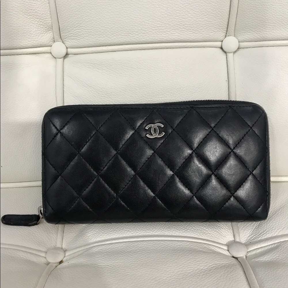 Chanel Black Calfskin Zip Around Wallet