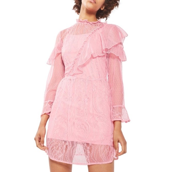 Topshop Dresses & Skirts - NWT Topshop pink ruffle mini dress lace