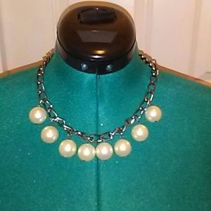 Brush nickel and faux pearl necklace