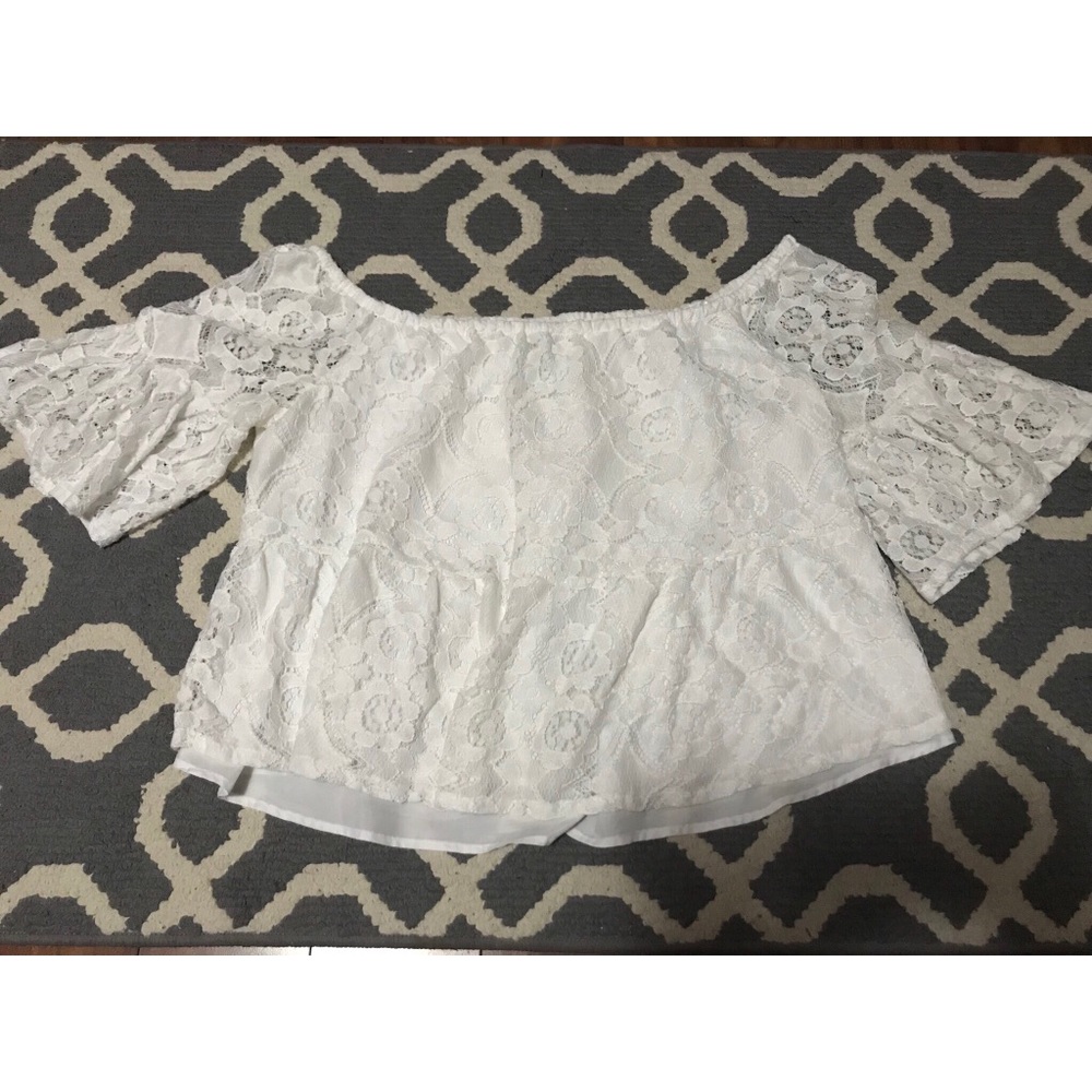White lace off the shoulder bell sleeved top