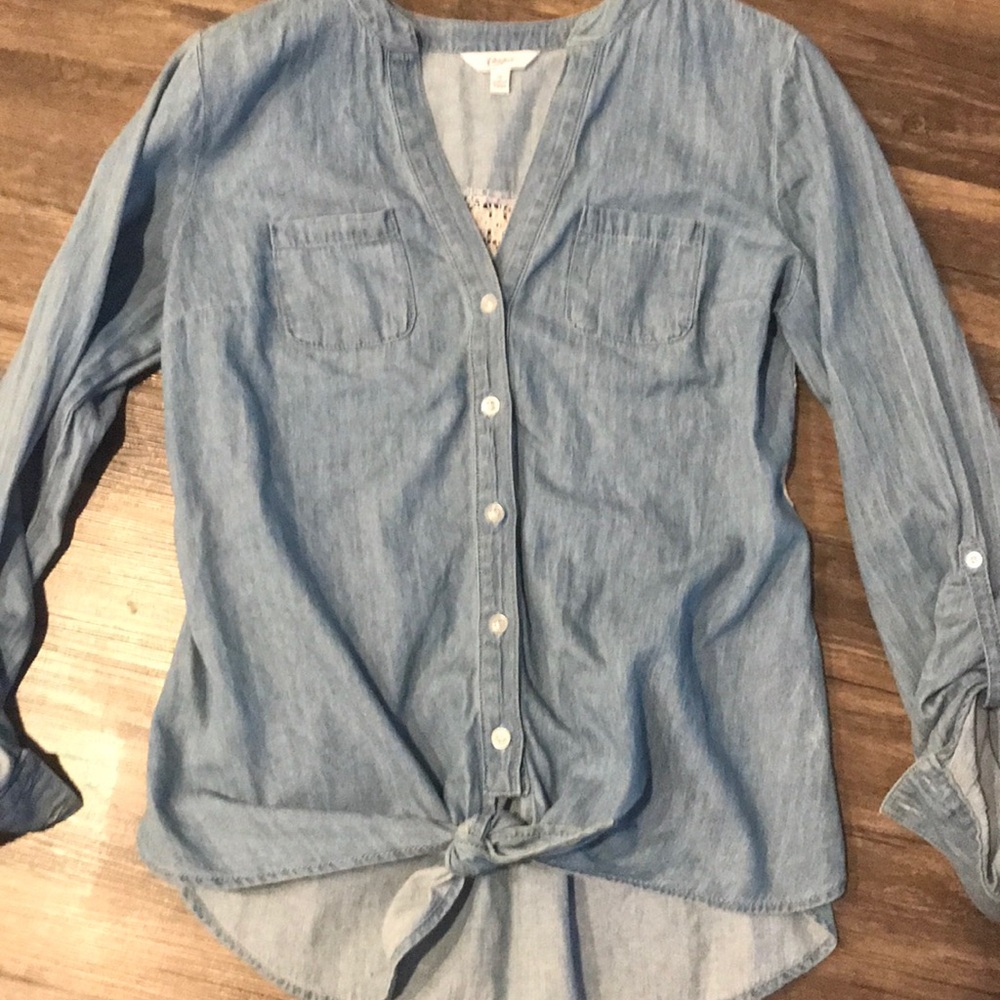 Denim shirt with front tie up