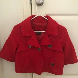 Vtg Joujou Red Wool Blend Cropped Pleated Swing Jacket Short Sleeves