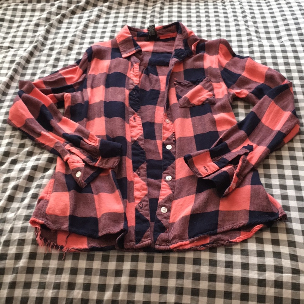 Navy and Pink Checkered Flannel Button Down Shirt