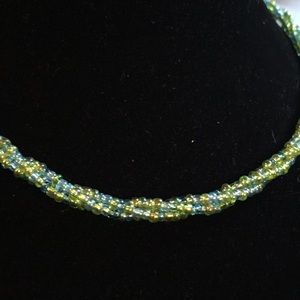 Blue and Lime Green Seed Bead Spiral Necklace