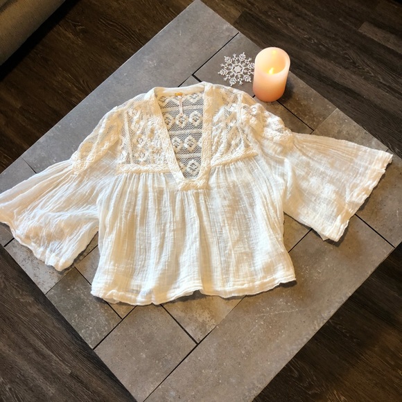 Free People Tops - 2[Free People]Sheer white top with crochet detail.