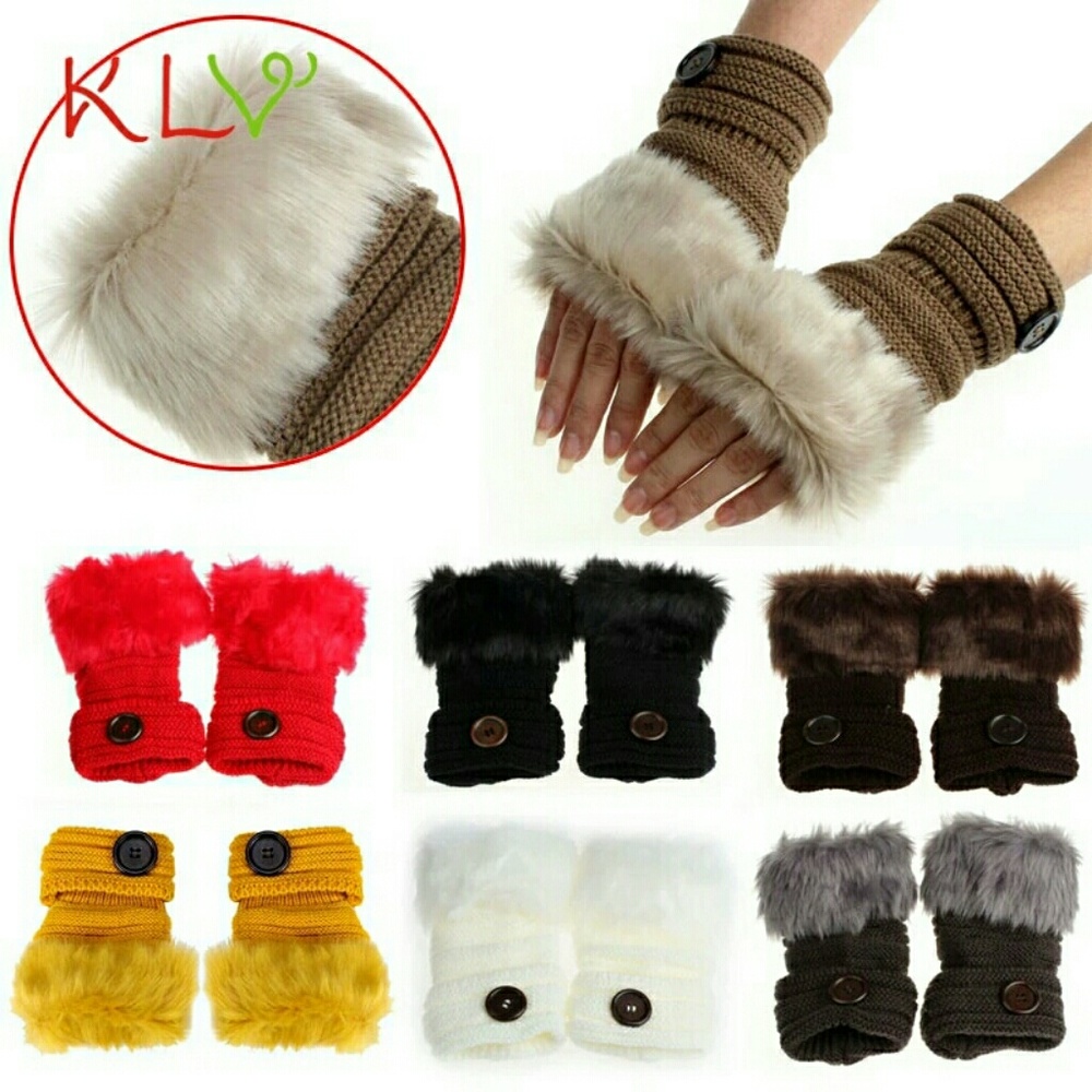 *LAST PAIR* NEW Coffee Dark Brown Button Faux Fur Knit Fingerless Glove Mittens - Picture 3 of 4