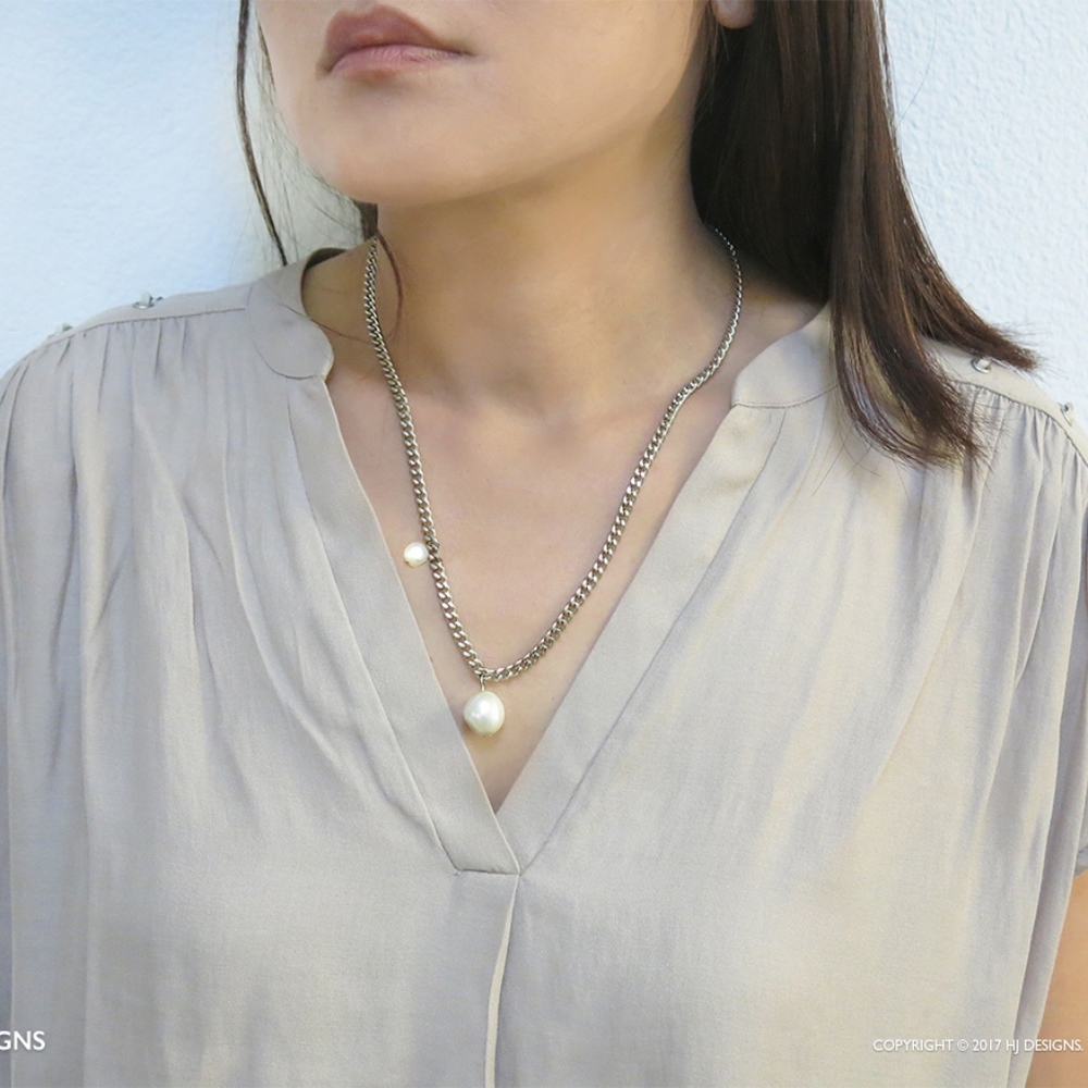 Double Faux Pearl Statement Chain Necklace