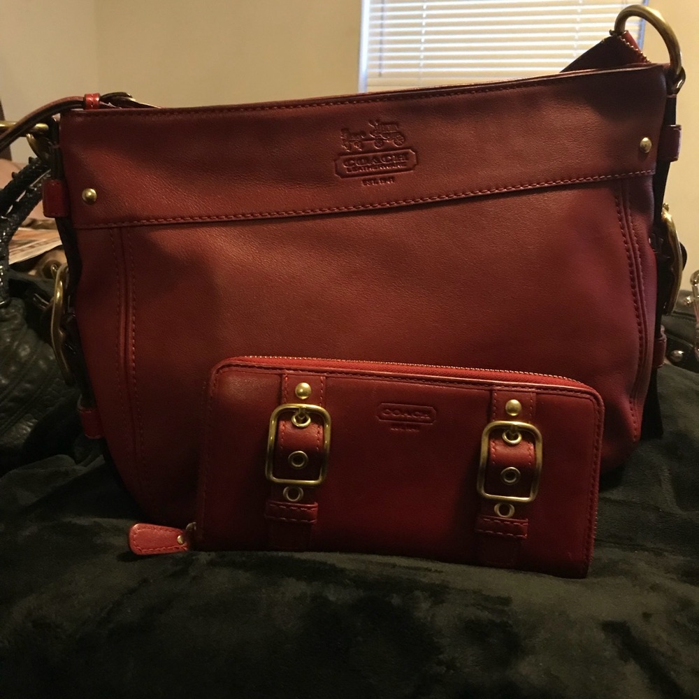 Coach Zoe Deep Red Lthr Bag w/Coach Wallet