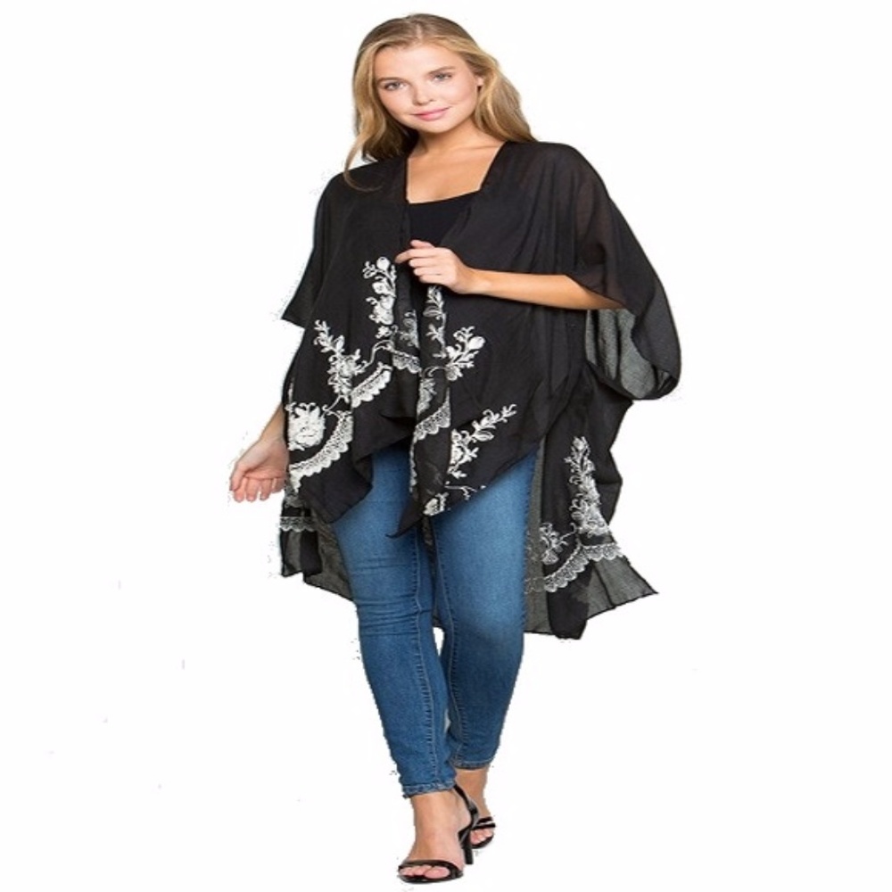 Black/White ladies Embroidered trim Poncho