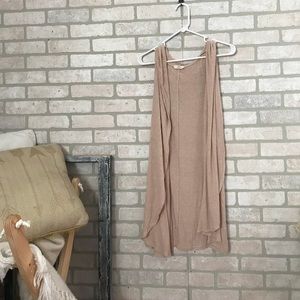 Tan knit hooded long vest cardigan