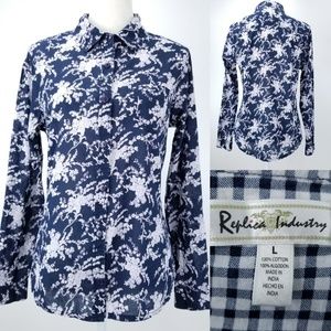 Replica Industry Womens Juniors Large 38" Bust Navy Floral Button Up Shirt