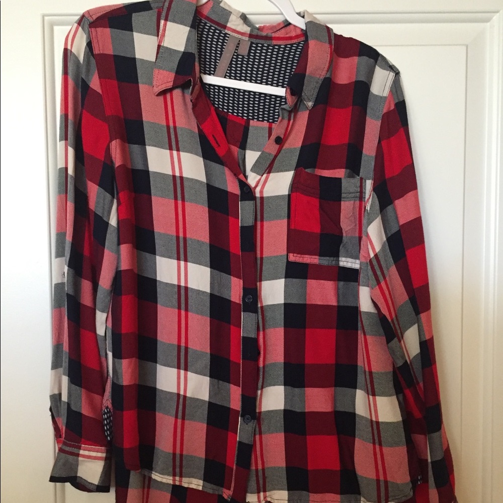 Briana and Em red white and blue plaid button down