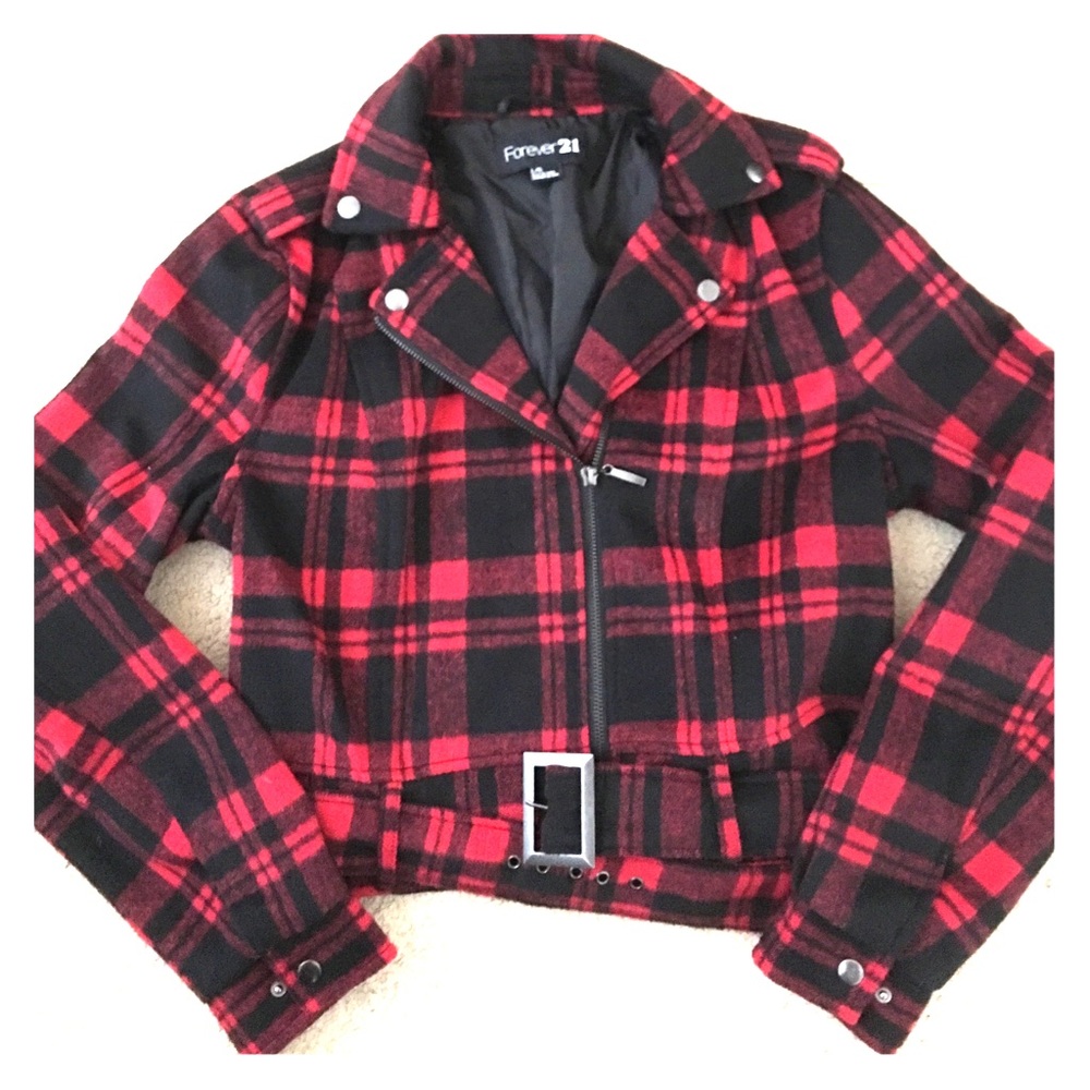 Forever 21 cropped plaid red black Moto jacket