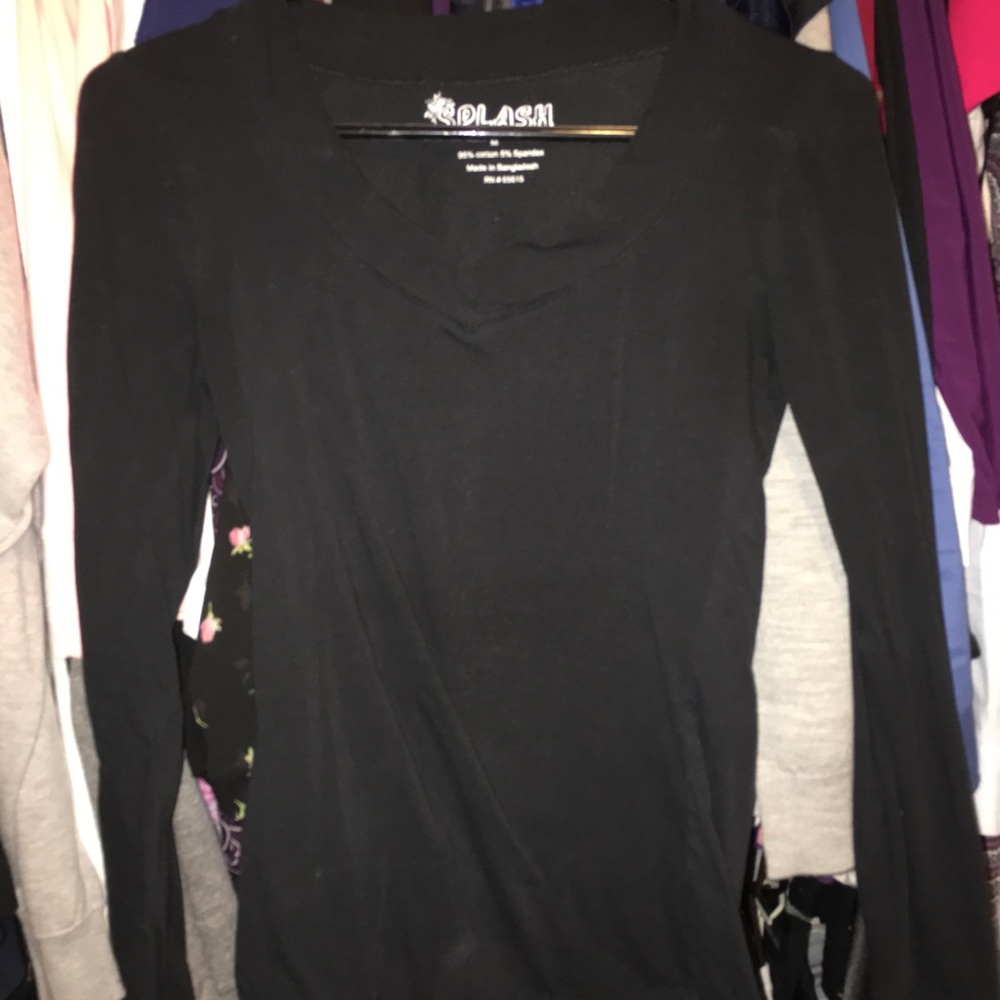Black scoop neck shirt.