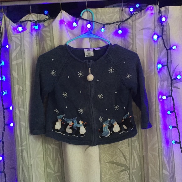 Kids blue vintage cardigan w/ cute penguin decor - Picture 1 of 6
