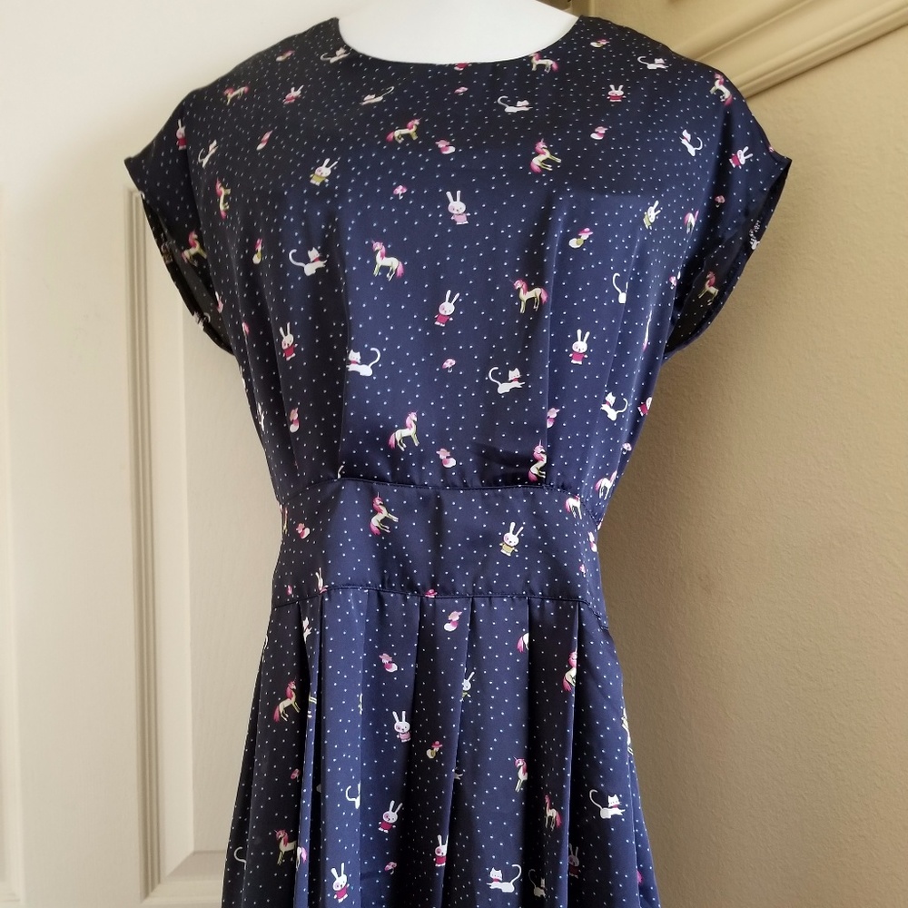 Silky Blue Unicorn Print Flare Dress- S