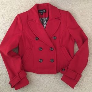 Forever 21 red cropped pea coat leopard lining