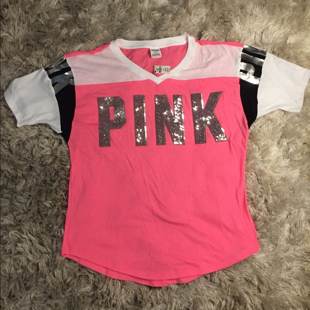 New VS PINK Victoria’s Secret Bling V Neck Tee