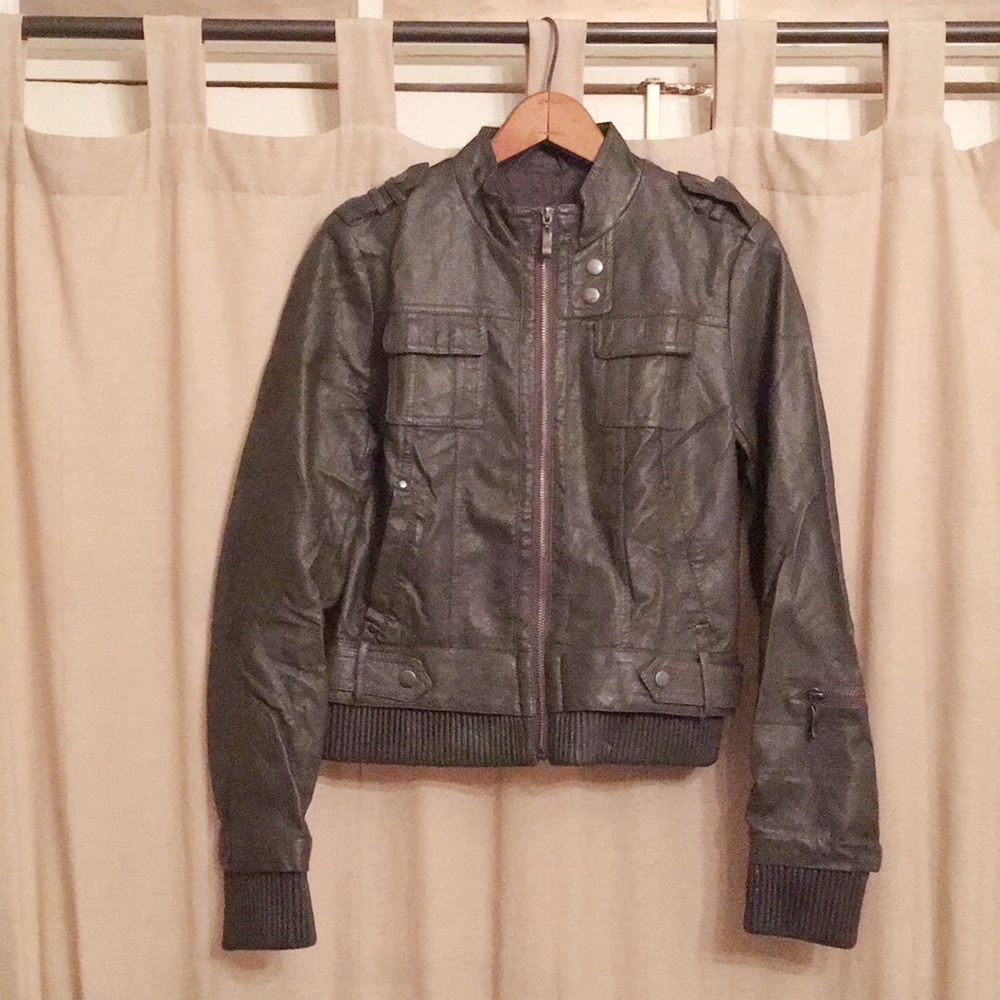Gray Vegan Leather Motorcycle Jacket Size S