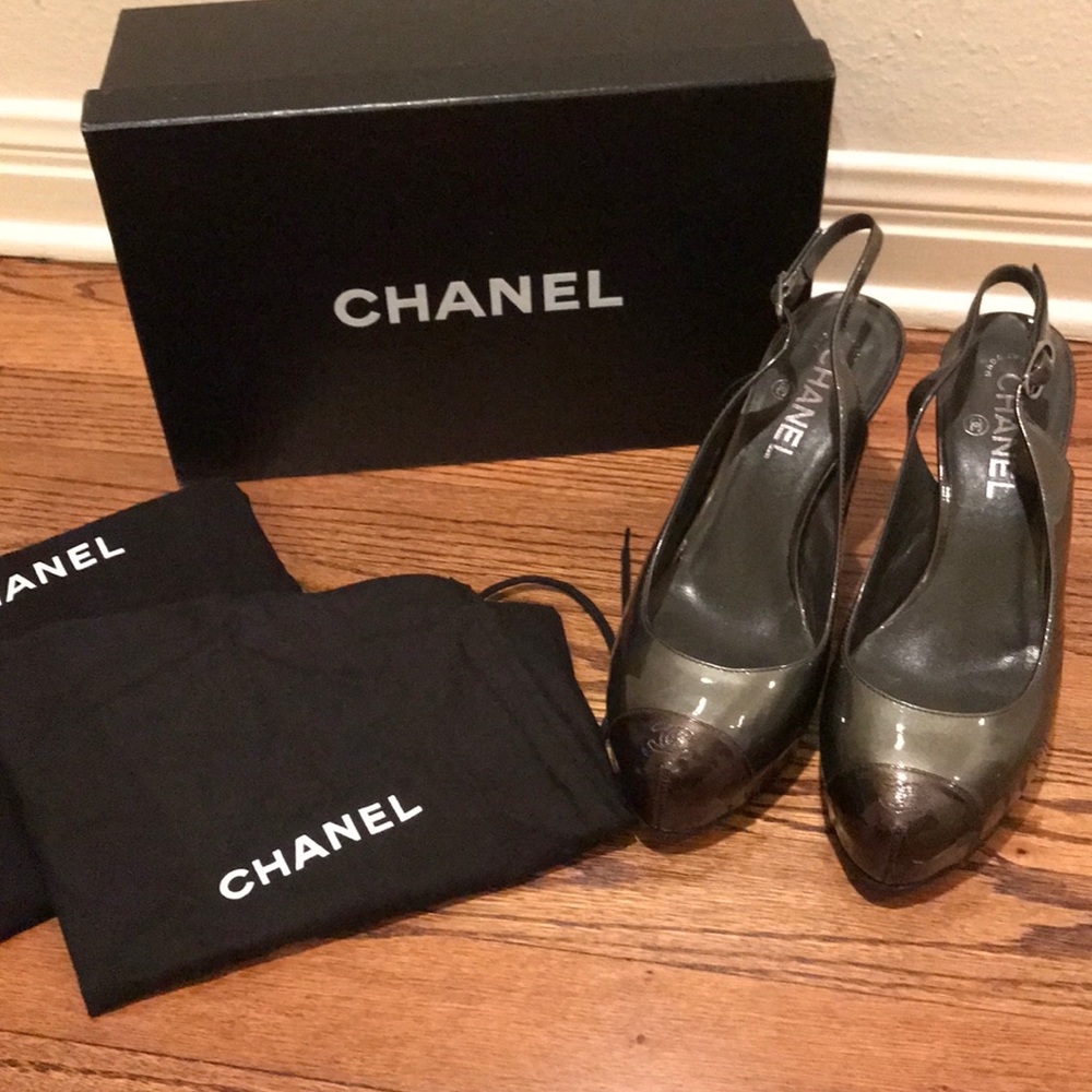Dark silver Chanel sling backs