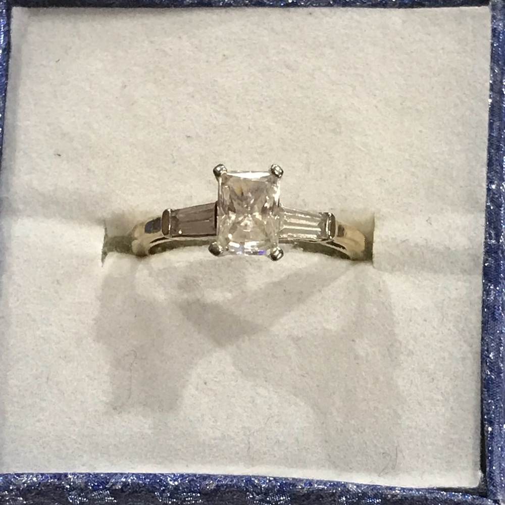 Emerald cut cubic zirconia gold over silver ring