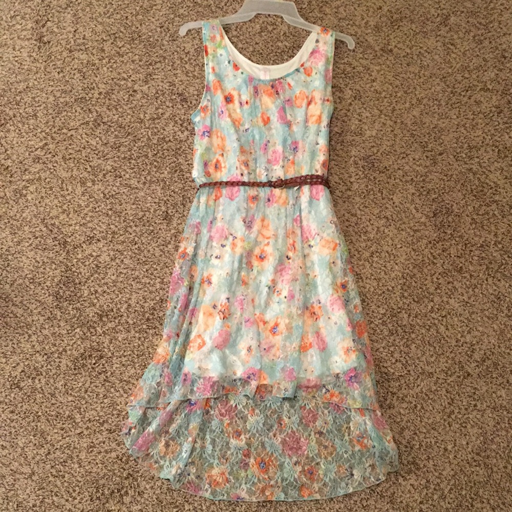 NWOT High Low Blue Floral Dress With Brown Belt