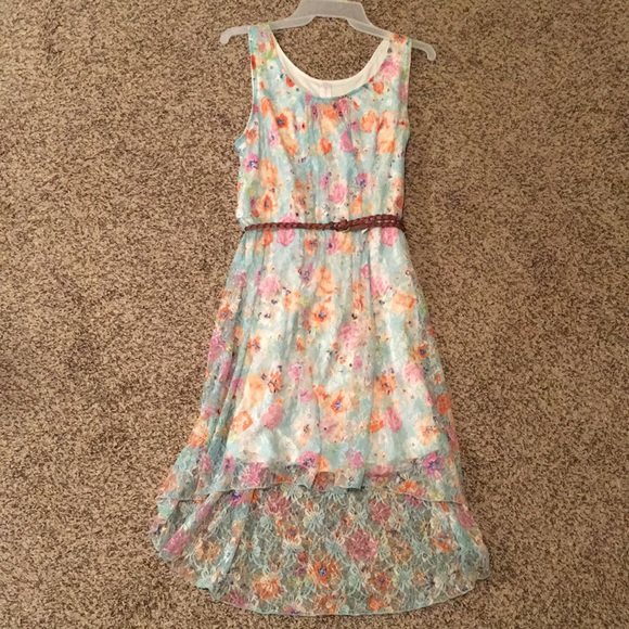 NWOT High Low Blue Floral Dress With Brown Belt - Picture 1 of 7