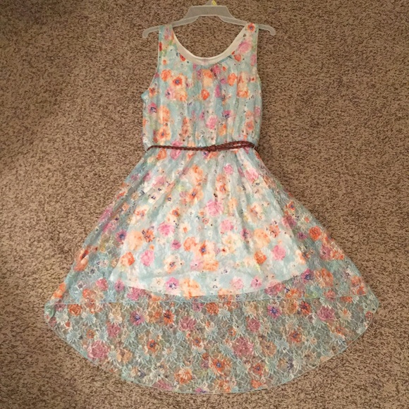 NWOT High Low Blue Floral Dress With Brown Belt - Picture 2 of 7