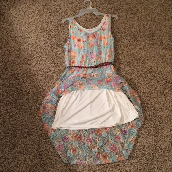 NWOT High Low Blue Floral Dress With Brown Belt - Picture 3 of 7