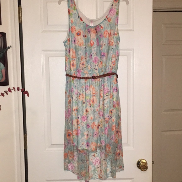 NWOT High Low Blue Floral Dress With Brown Belt - Picture 5 of 7