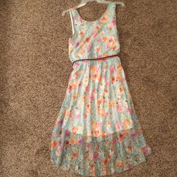 NWOT High Low Blue Floral Dress With Brown Belt - Picture 4 of 7