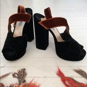 Black and bronze velvet Prada platforms