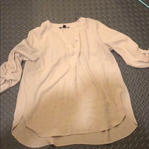Blouse; Large; tan; slanted trail in back...