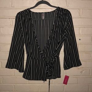 Black and white striped, wrap blouse