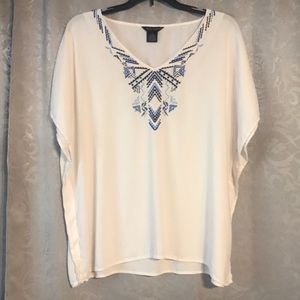 White flowy top with blue stitching size XL