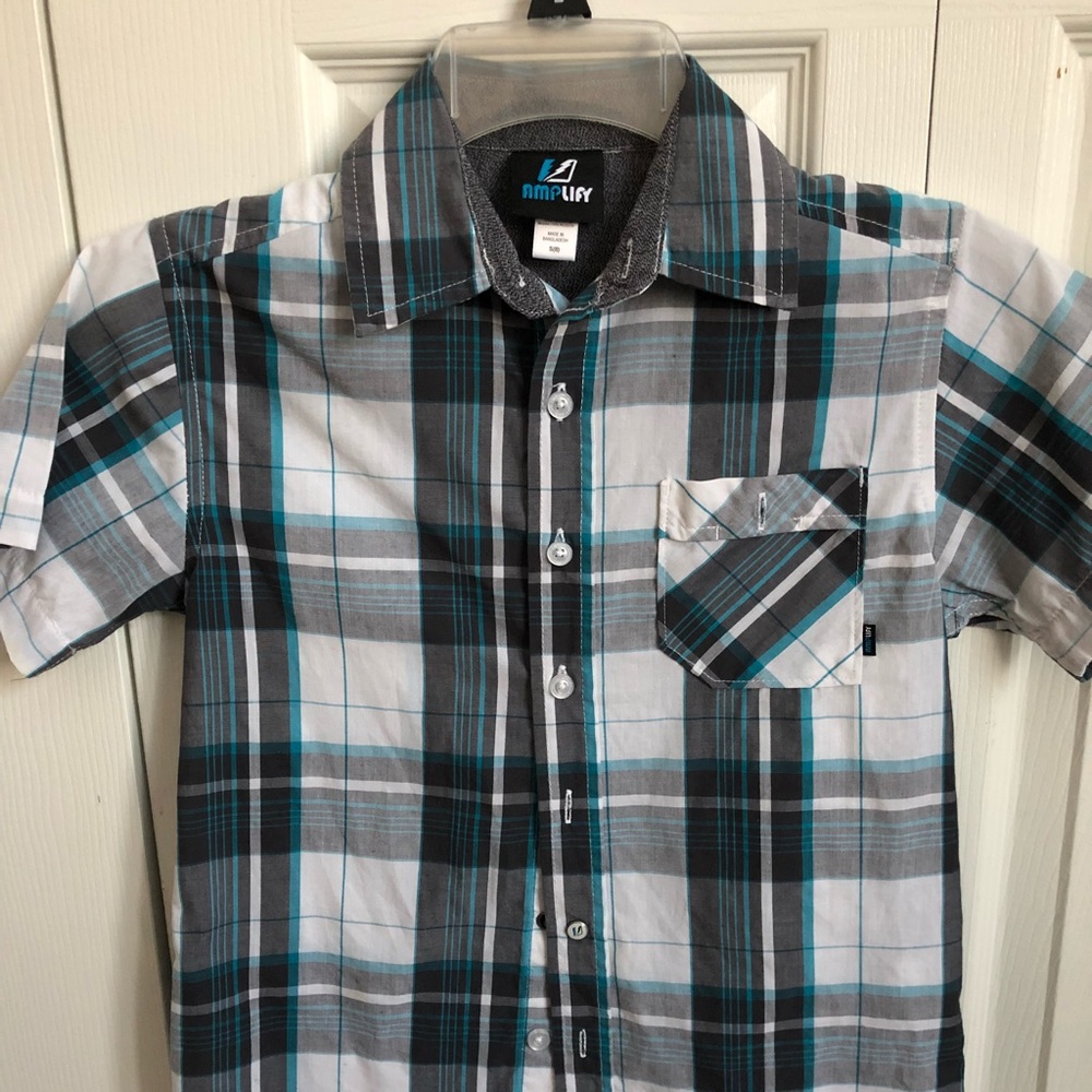Boys short sleeved plaid button down shirt
