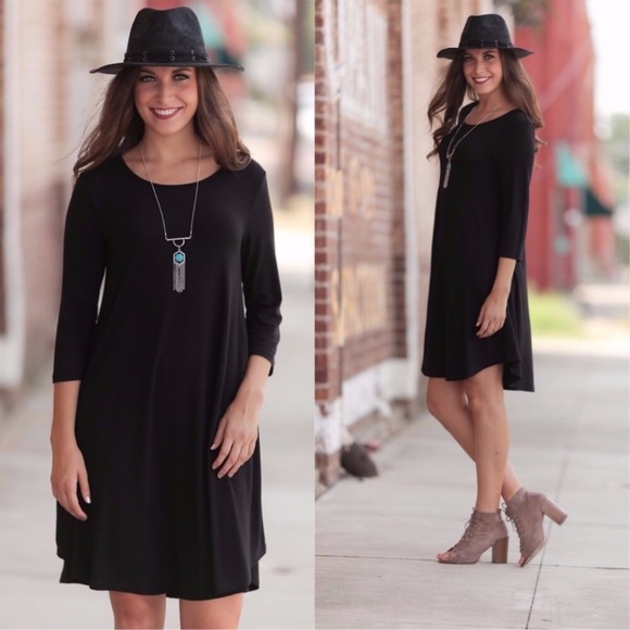 Pockets!! Black Soft knit dress w/ 3/4 sleeves - Picture 1 of 4