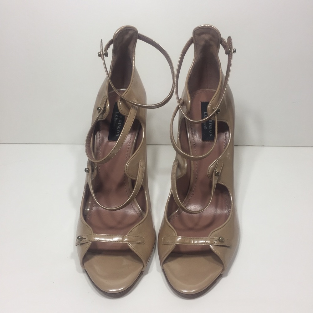 L.K. Bennett Patent Strappy Nude Heels