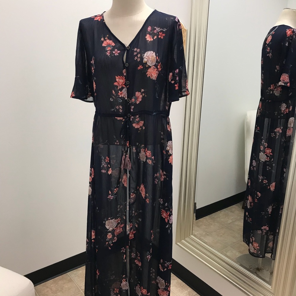 Short sleeve long Kimono Floral and navy