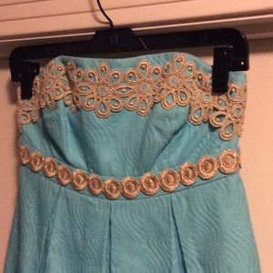 Lilly Pulitzer Strapless Aqua Gold Dress SZ 00
