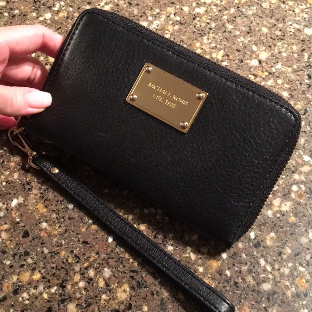 Michael Kors Black, leather wristlet, zipper