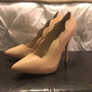 Nude Faux Snakeskin Pumps w/ Scallop Detail