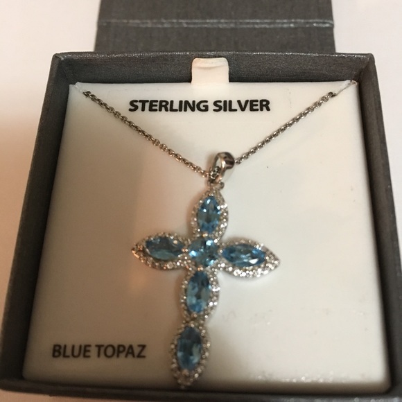 STERLING SILVER BLUE TOPAZ CROSS NECKLACE - Picture 3 of 5