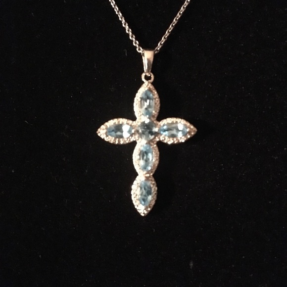 STERLING SILVER BLUE TOPAZ CROSS NECKLACE - Picture 4 of 5