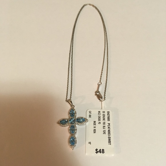 STERLING SILVER BLUE TOPAZ CROSS NECKLACE - Picture 2 of 5
