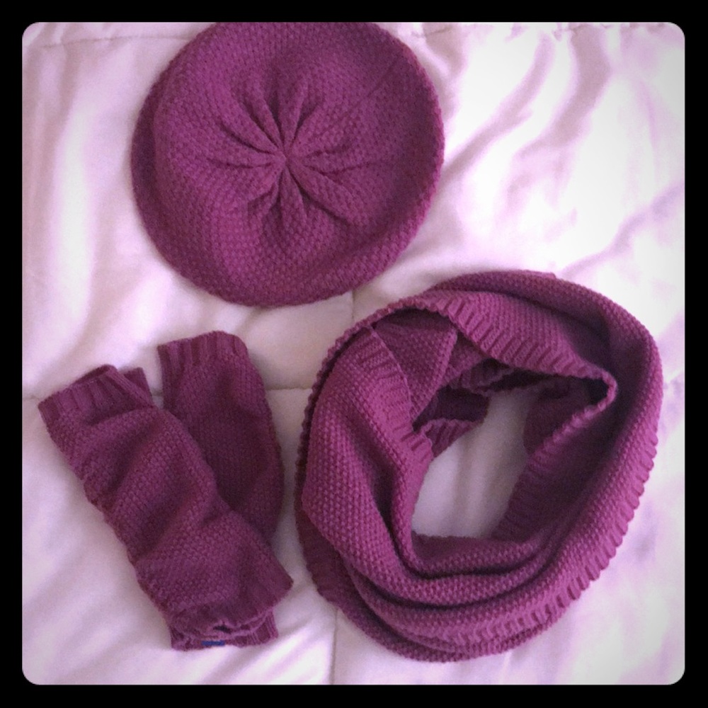 Knit hat, infinity scarf, fingerless gloves set