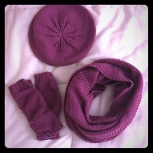 Knit hat, infinity scarf, fingerless gloves set